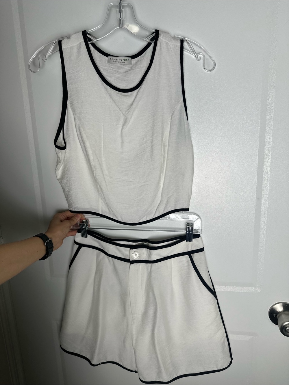 Paper Crane White Cropped Tank & Skirt Set with Black Trim